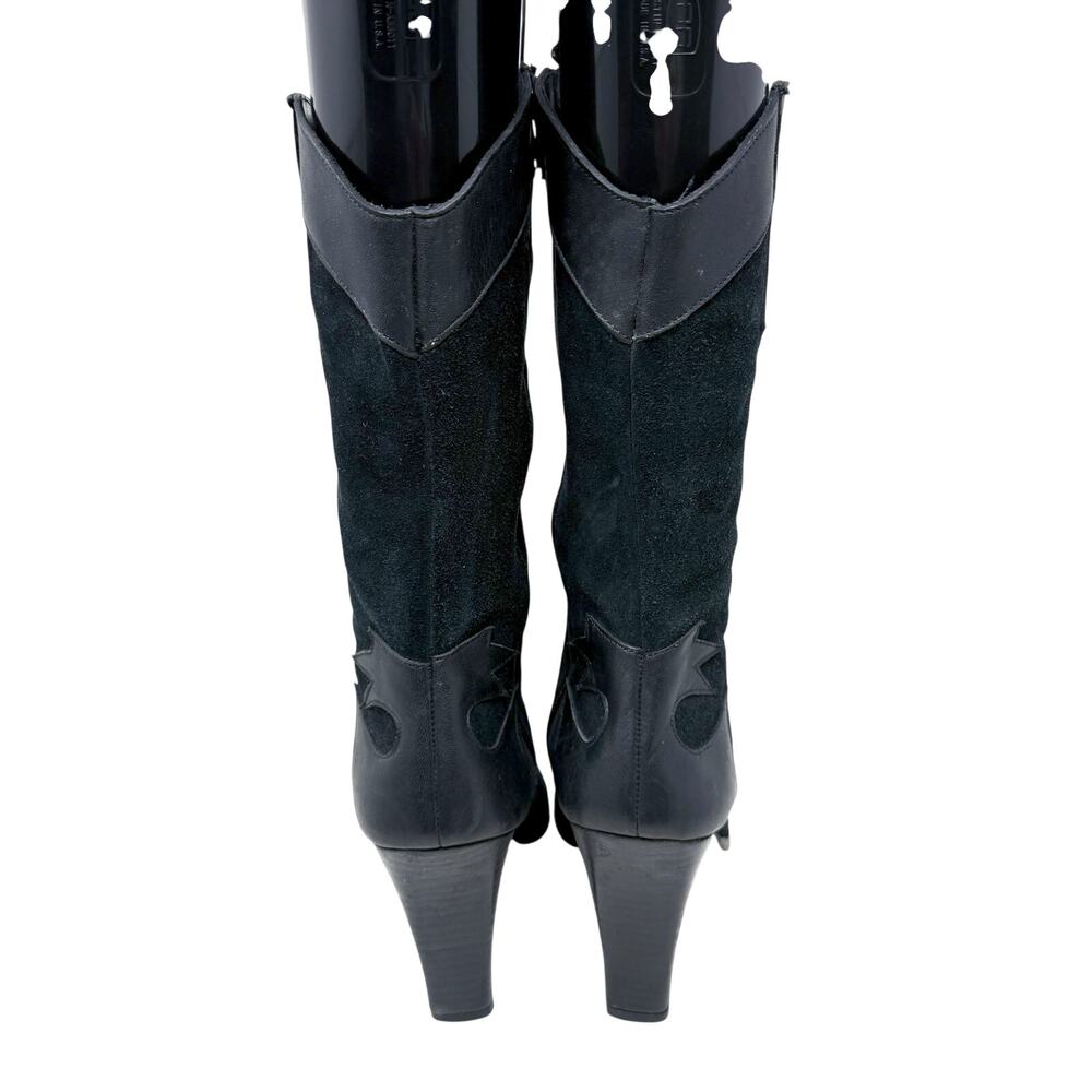 Vintage Y2K Motty Black Leather & Suede Western High Heel Boots Sz 8.5 Side Zip - Picture 4 of 9